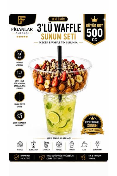 figanlar ambalaj 3’lü Waffle Sunum Seti 500 cc Pet Bardak Üstü Waffle Kasesi ...