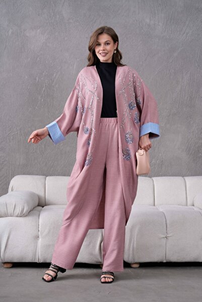 Moda Neval Kadın İnci Detaylı Keten Kimono Alt Üst Takım