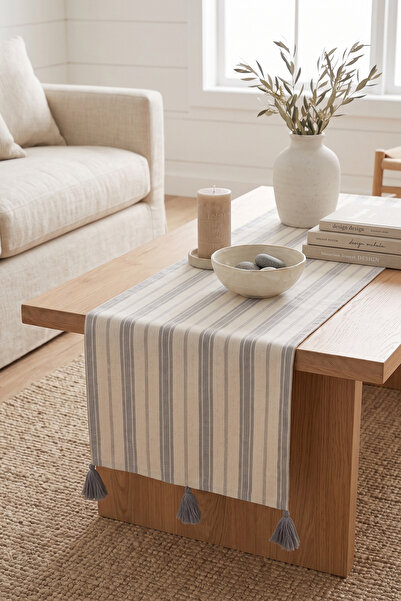 morlina home Gri Çizgili Gri Püsküllü Pamuklu Bohem Dekoratif Masa Runner 40x...