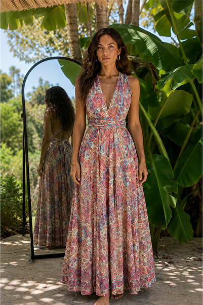 Miss Boheme Pink Color Halter Neck Open Back Silk Dress