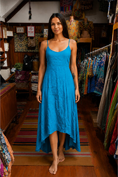 Miss Boheme Turquoise Color Italian Linen Dress with Short Front and Long Bac...