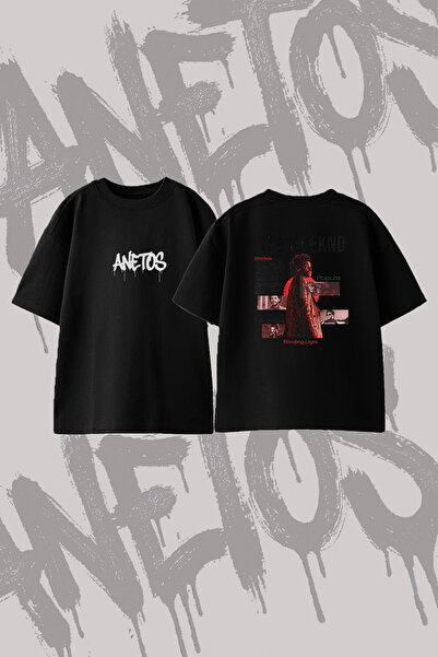 Anetos تي شيرت The Weeknd_95 مصنوع من القطن الأسود المطبوع من الخلف بمقاس كبير