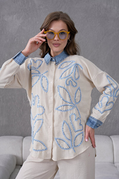 Moda Neval Women's Denim Detailed Linen Shirt Set