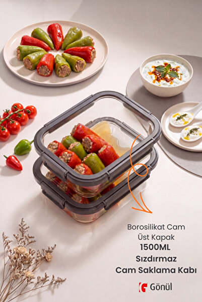 GÖNÜL 2 Adet 1500 ml Cam Kapaklı Saklama Kabı Sızdırmaz Hava Almaz Borcam Fır...