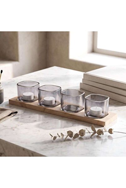 PAN HOME Ambrose Wood Set 5 Candle Holders with Tray 38x9.9x1.4cm - Grey