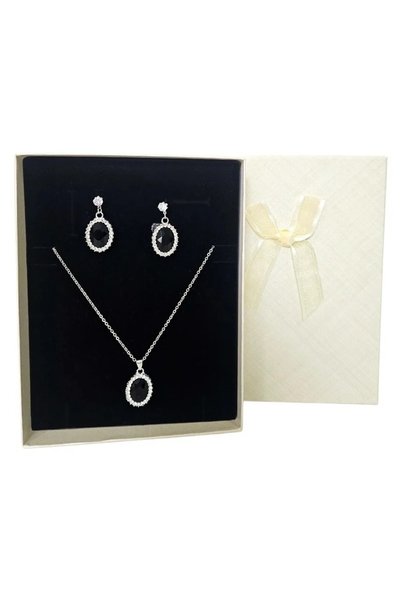 FashionForYou Set de bijuterii pentru femei Feeling Oval Black, din oțel inoxidabil, cu piatră neagră și cristale, Argintiu.