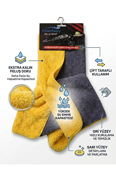 40×50 Premium Çift Yönlü Kalın Mikrofiber Araç Temizlik ve Kurulama Havlusu - Su Emici Çizmez Bez