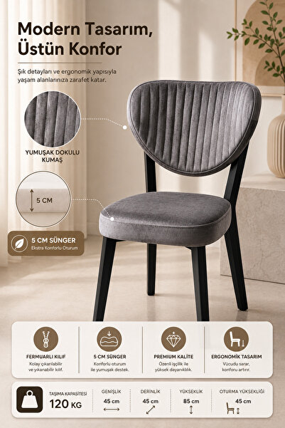 GÖKCE FURNITURE Elma Gri Kumaş Siyah Ayak Mutfak Yemek Sandalyesi - 5cm Sünge...