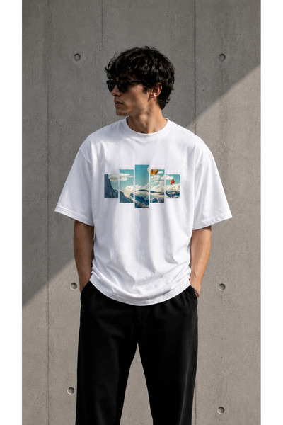 Modivibe Men's White Oversize Landscape Printed 30/2 Single Jersey 100% Cotto...