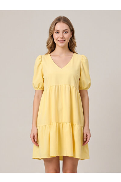gökçesu Women's V-Neck Watermelon Sleeve Layered Casual Summer Dress