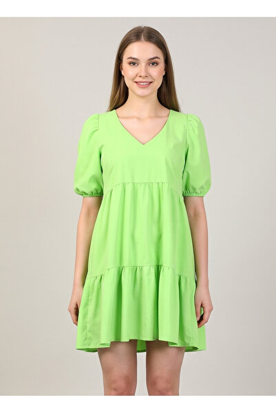 gökçesu Women's V-Neck Watermelon Sleeve Layered Casual Summer Dress