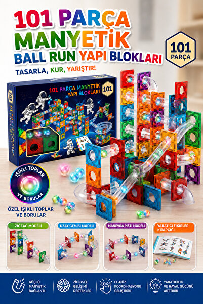 Zuu Baby 101 Parça Manyetik Ball Run Yapı Blokları – Mıknatıslı Borulu Manyet...