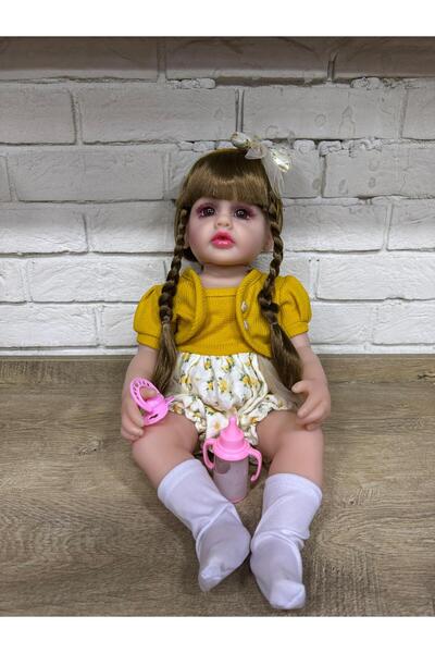 Magicway Örgülü Saçlı Elbiseli Biberon ve Emzikli Reborn Et Bebek - Aksesuarl...
