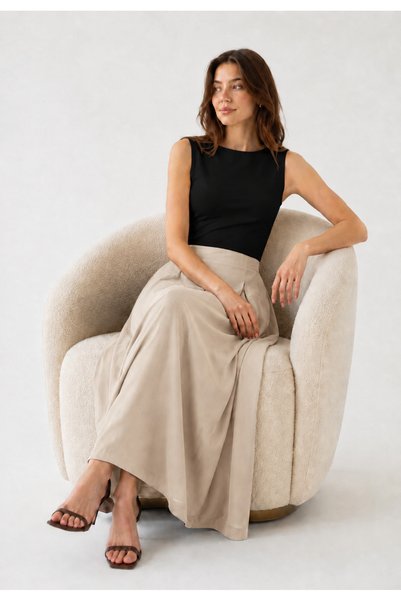 Warasiva Women's Beige 100% Tencel Elastic Waist Double Pocket Skirt-Looking Pants