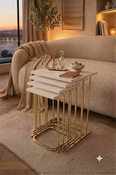 ERYALUX HOME 4'LÜ RÜYA ZİGON SEHPA (GOLD-BEYAZ)