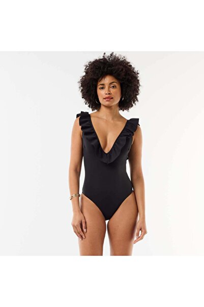 KIABI Plunge Neck One-Piece Swimsuit BLACK