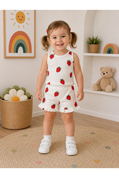 SANTRALBEBE Girl's Strawberry Printed Shorts Set