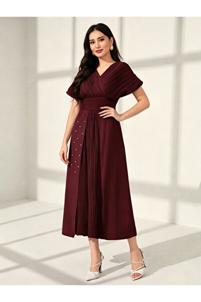 Take Two By Styli Burgundy A-Line Midi Dress With Pleated Detail
