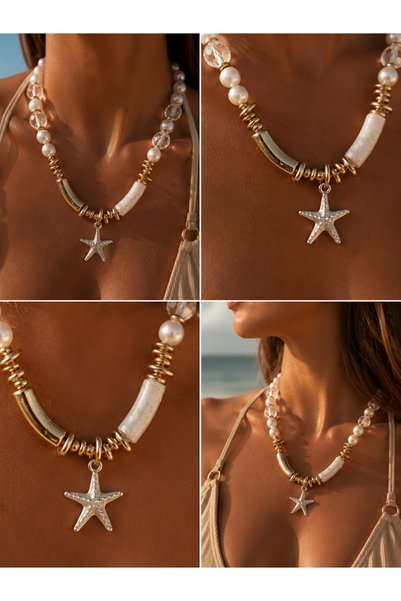 Elmosia Jewelry White Starfish Charm Pearl Natural Stone Necklace Bohemian Summer Non-Tarnish Gold Necklace