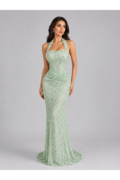 ranin Mint Green Lace Embroidered Evening Dress