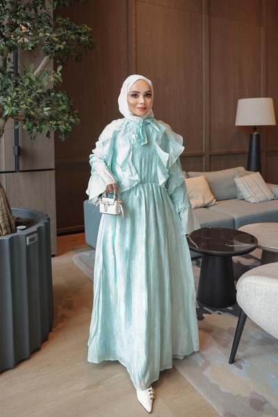 İmajButik Mint Green Collar Tie Ruffle Chiffon Dress