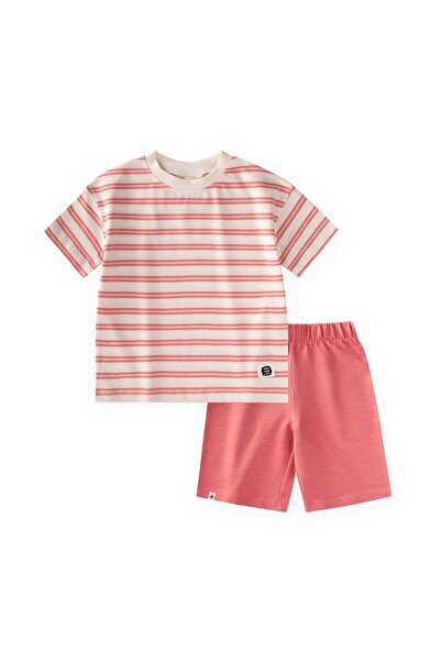 Cigit Striped Basic Capri Set 1-7 Years Coral Striped