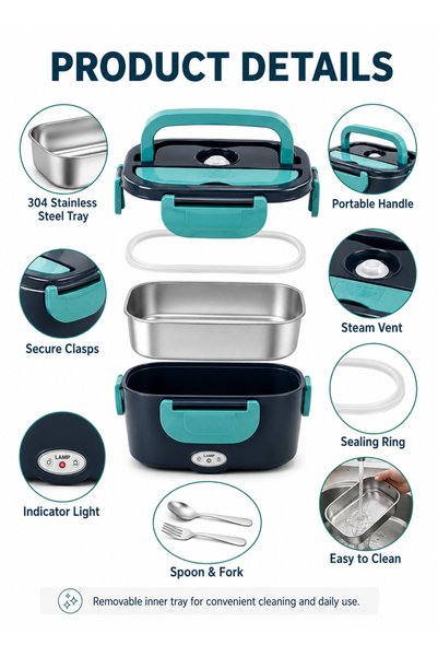 Generic Brand 80W Dual Use Electric Heated Lunch Box, 304 Stainless Steel Food Warmer 12V/24V/110V for Car & Office