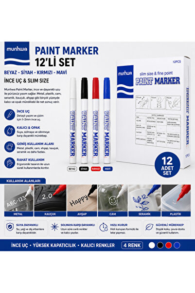 munhwa Paint Marker İnce Uç Yağ Bazlı Permanent Boya Kalemi 12'li Set (Beyaz,...