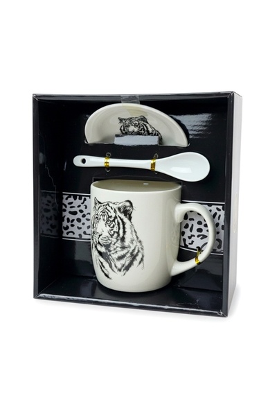velve Set cana din ceramica 300 ml cu lingurita si farfurie, model tigru, amb...