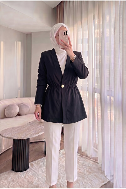 HİFADEN Kadın Beli Lastikli Gold Düğmeli Mevsimlik Şık Tesettür Blazer Ceket