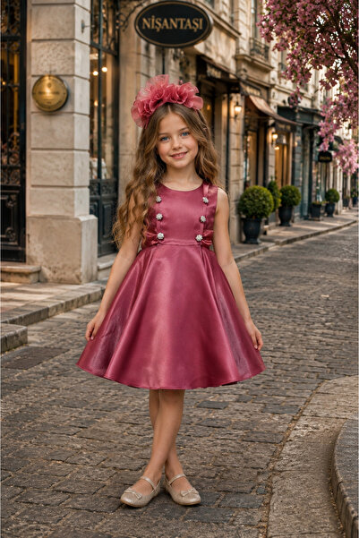Mialora Buttoned, Accessorized, Girls' Evening Dress, Birthday and Party Dress