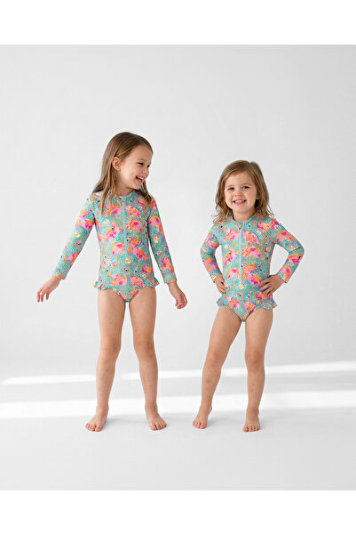 KidZee Flamingo Sleeved Swimsuit Upf 40 Protection Long Sleeve Baby Kids Swim...