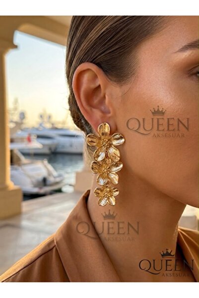 QUEEN AKSESUAR Luxury Design Gold Gold Tarnish-Resistant Steel Three Flower D...