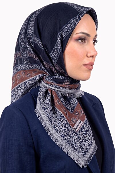 hadiora وشاح قطني مزخرف بنقشة زهور المنك باللون الأزرق الداكن