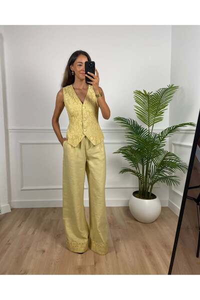 Myrum butik Roselle Yağ Yeşili Keten Yelek Pantolon Takım