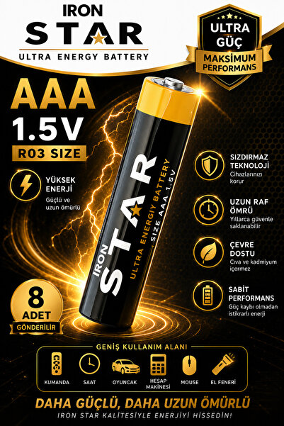IRONSTAR 8 adet AAA pil / İnce kalem pil / AAA 1.5V pil / R03 pil / Kumanda p...