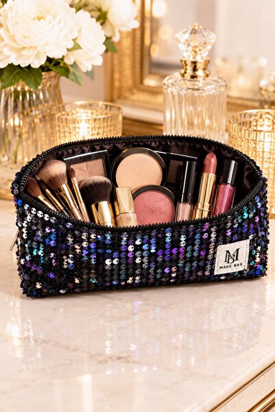 MAKE BAG YENİ BÜYÜTÜLMÜŞ GECE KRİSTALİ PULLU MAKYAJ ÇANTASI