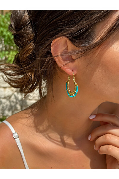 ANKA JEWELLRY Women's Turquoise Beaded Detail Steel Hoop Earrings