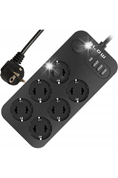 Blow Prelungitor cu întrerupător, 3x USB, 6 prize, 2m, USB Tip-C