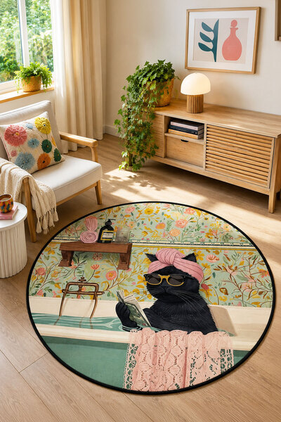 Toronto Home Dijital Kaymaz Yıkanabilir Renkli Kedili Yuvarlak Modern Salon H...