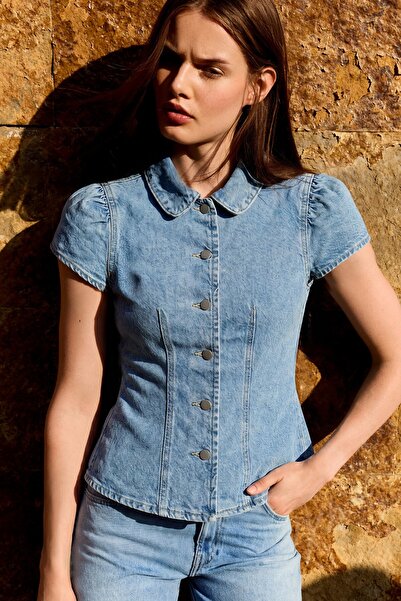 Bershka Balon kesim kısa kollu denim top