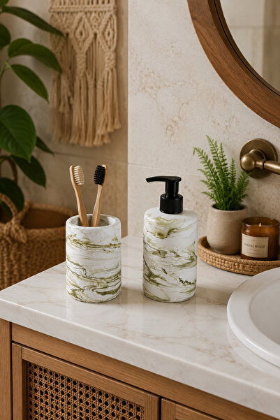 Zigzag Home Dekoratif Mermer Desen Bohem Tarz Banyo Seti Sıvı Sabunluk ve Diş Fırçalık Takımı Seti