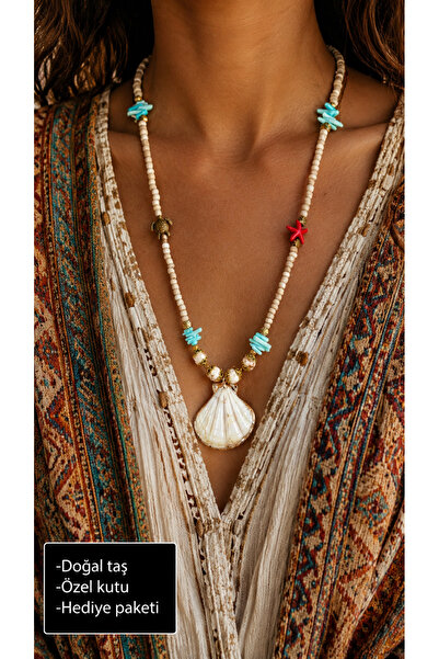 HER ŞEY NOTA www.herseynota.com Natural Stone Sea Shell Pendant with Turquois...