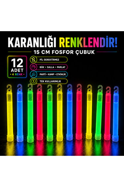 RBR 12 Adet Karışık 15 cm Fosfor Çubuğu Çok Renkli Glow Stick – Tek Kullanıml...