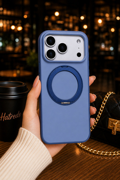 Hatreds iPhone 17 Pro Max Uyumlu MagSafe Standlı Silikon Kılıf Lacivert