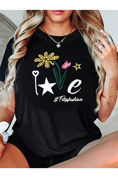 45 BPM Floral Love Letter Print T-shirt | Short Sleeve Crew Neck Top Spring/S...