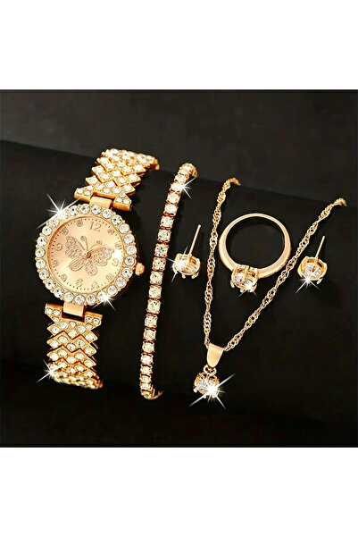 Choice1 Gold Set No Box 6PCS/Set Luxury Rhinestone Butterfly Women Quartz Wat...
