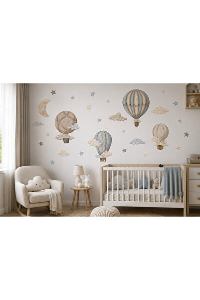 StickerAtölye Pastel Balon Bulut Ay Yıldız Duvar Stickerı Bebek Odası Çocuk O...