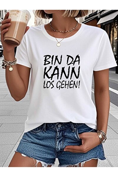 Ekim11 تي شيرت نسائي بطباعة عبارة "Bin Da Kann Los Gehen" - قميص بأكمام قصيرة...
