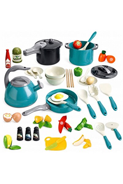 LeanToys Set de bucătar mic, vase de gătit, ustensile, ceainic turcoaz, 33 pi...